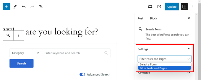 Choosing a SearchWP search form in the block editor