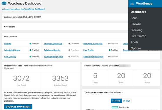 Wordfence settings dashboard