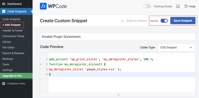 WPCode Snippet to Disable Plugin Stylesheet