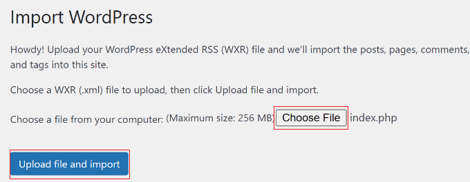 Choose file and import wordpress