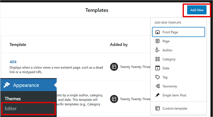 Creating a new template in Site Editor