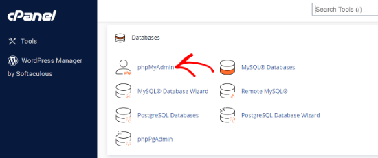phpmyadmin panel in Bluehost