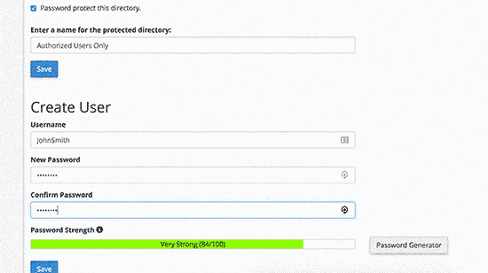 Password protect directory settings