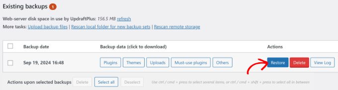 Select backup file and restore