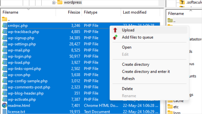 Upload WordPress core files