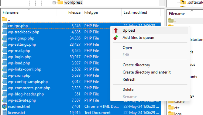 Upload WordPress core files