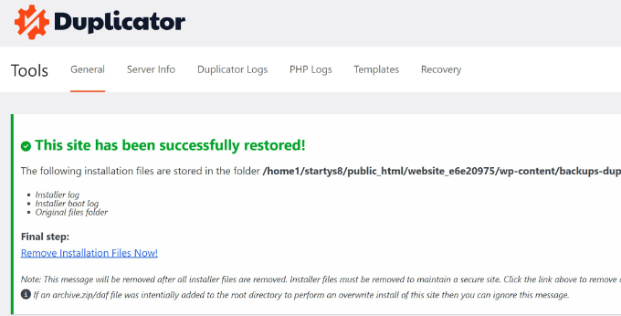 View site restore success message