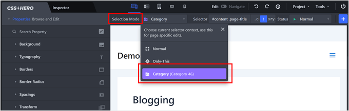 Changing to Category selection mode in CSS Hero