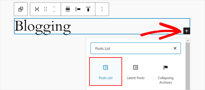 Choosing the posts list block in FSE