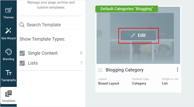 Editing a category template in Thrive Architect