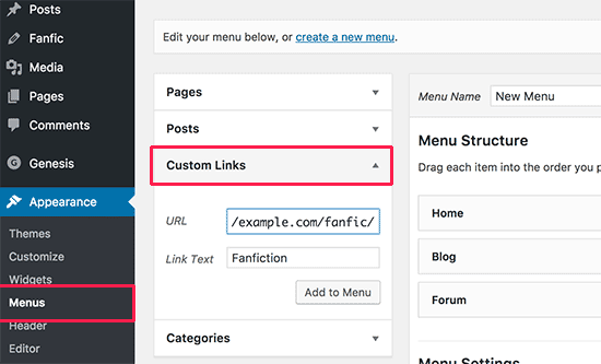 Add fanfiction to navigation menus in WordPress
