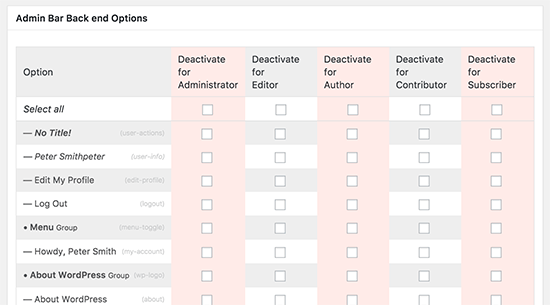 Settings for a section in Adminimize