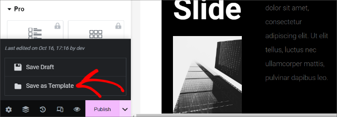 Save as template option in Elementor