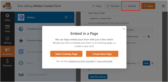 WPForms' embed options