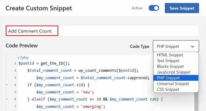 Add the comment count code snippet 