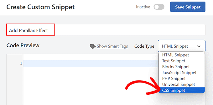 Choose the CSS Snippet option for the Parallax code snippet