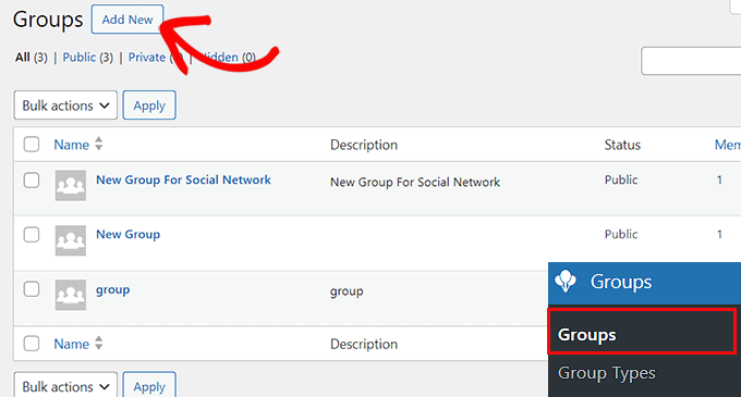 Click Add New on the Groups page