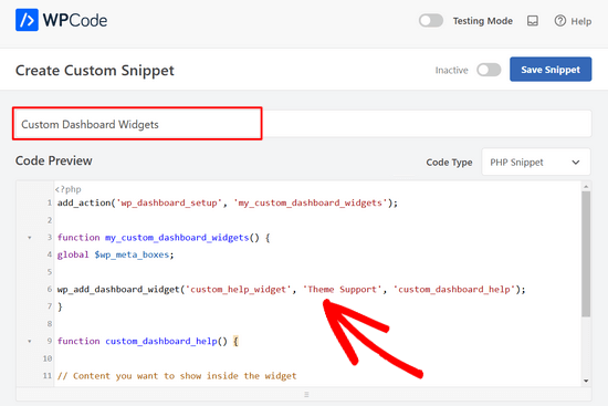 Add a title for your snippet and paste the code into the Code Preview box