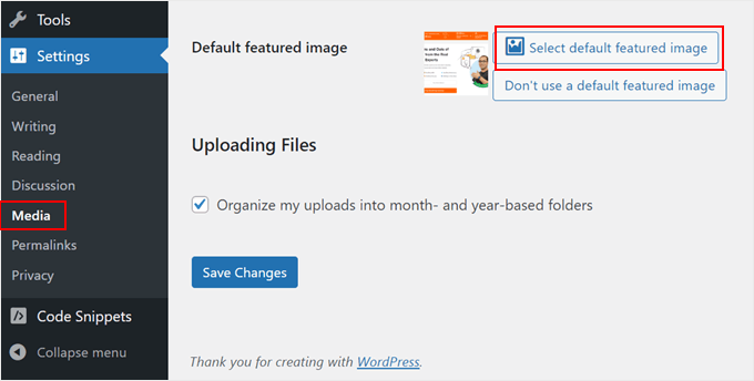 Uploading a featured image to the Default Featured Image plugin