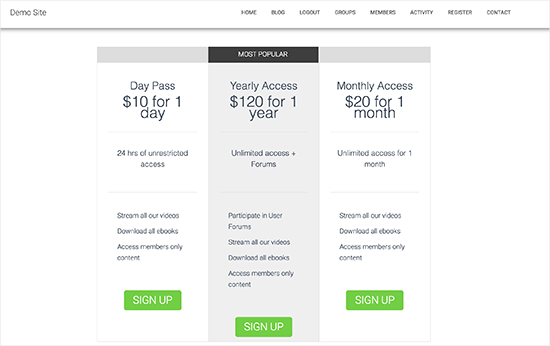 Pricing and plans page