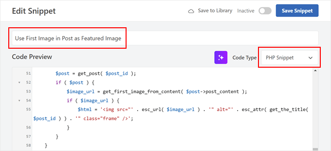 Custom code for using first image as featured image, inserted using WPCode