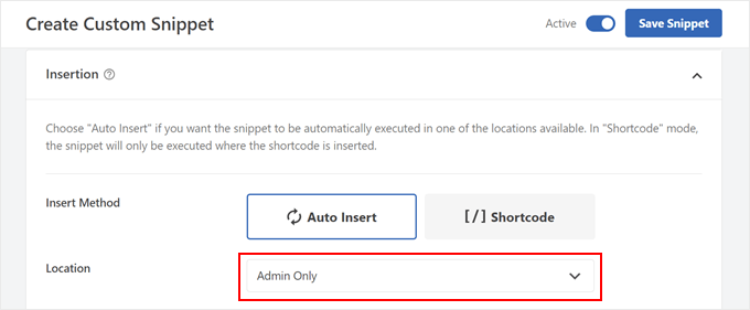 Loading the WPCode code snippet only in the WordPress admin area