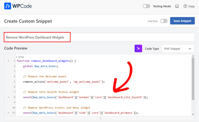 Adding custom code to WPCode to remove specific WordPress dashboard widgets