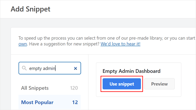 Selecting the Empty Admin Dashboard code snippet template from WPCode