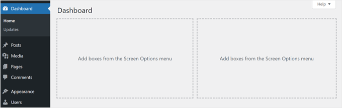 What the WordPress dashboard looks like when it's empty