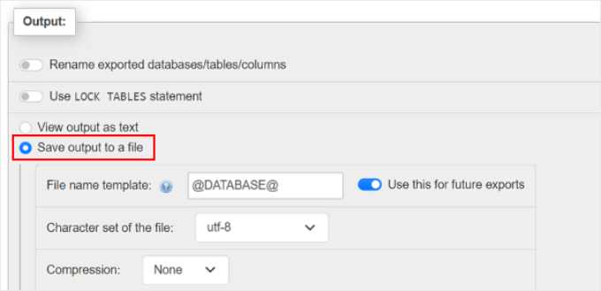 Configuring the phpMyAdmin Export Output settings