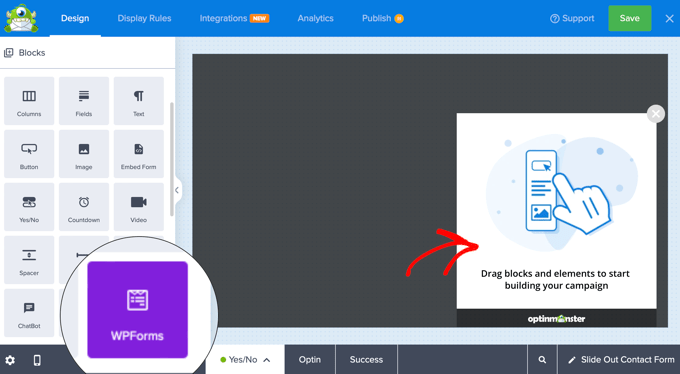在 OptinMonster 中拖动 WPForms 块