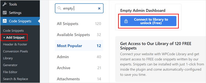 Connecting to the WPCode library to find the code snippet for emptying the admin dashboard