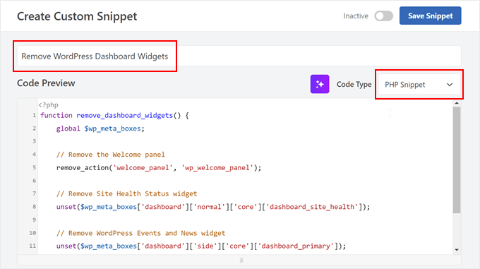 Adding custom code to WPCode to remove specific WordPress dashboard widgets