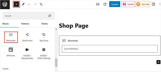 Add the Spreadshop shortcode in the block editor