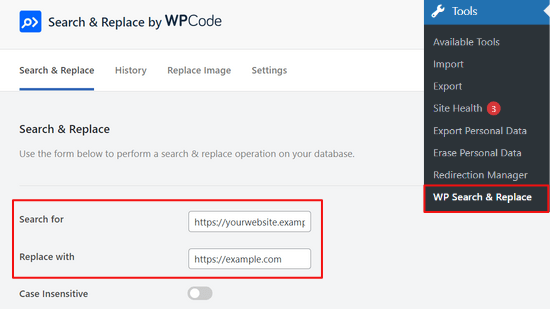 Add subdomain and root domain to search and replace fields