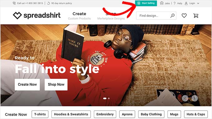 Click the Start Selling button on the Spreadshirt website