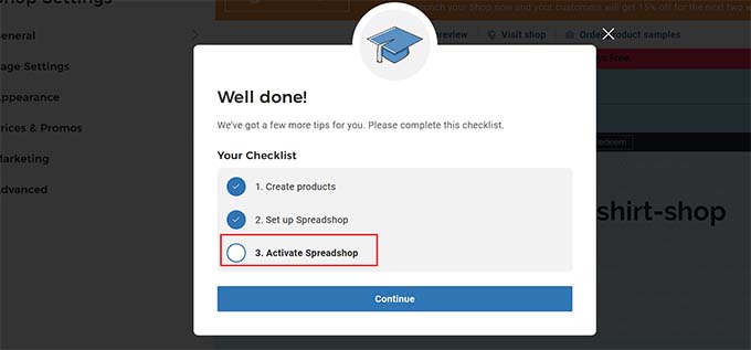 Select the Activate Spreadshop option