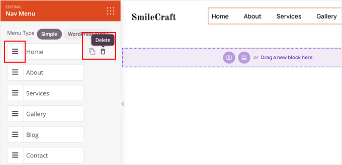 Deleting or reordering menu items in SeedProd