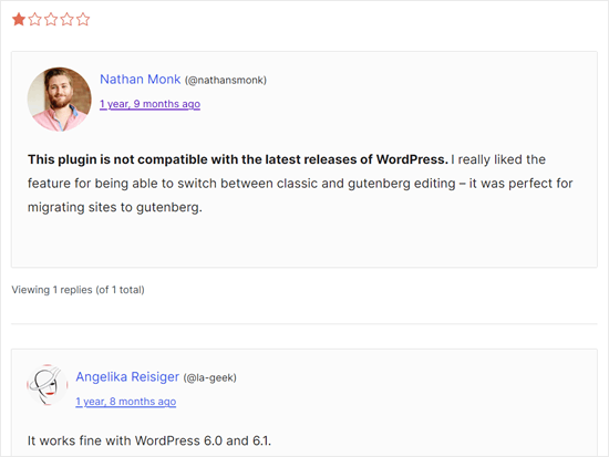 An example of a negative review for a WordPress plugin