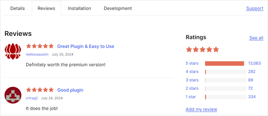 Examples of reviews for a WordPress plugin
