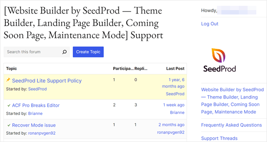 A WordPress plugin's support page