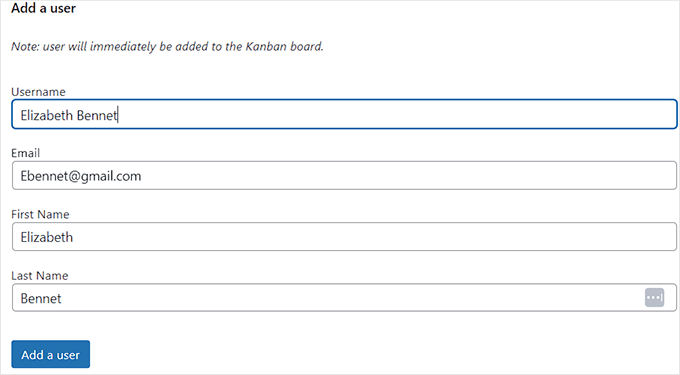 Add a new user to the kanban board by filling the form