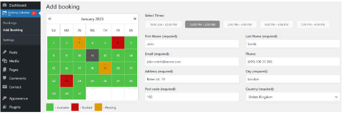 Booking calendar