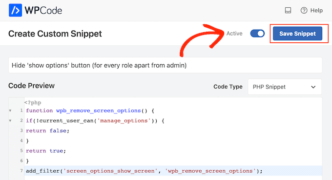 Publishing a code snippet using WPCode