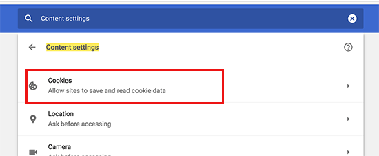 Cookies section in Chrome settings