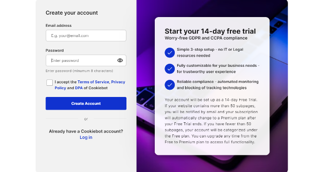 创建 CookieBot 帐户