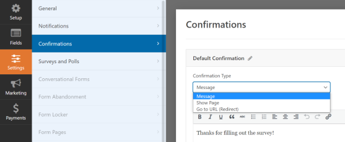 Edit form confirmation settings