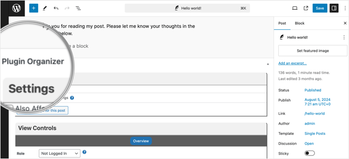 Plugin Organizer Settings Under the Content Editor