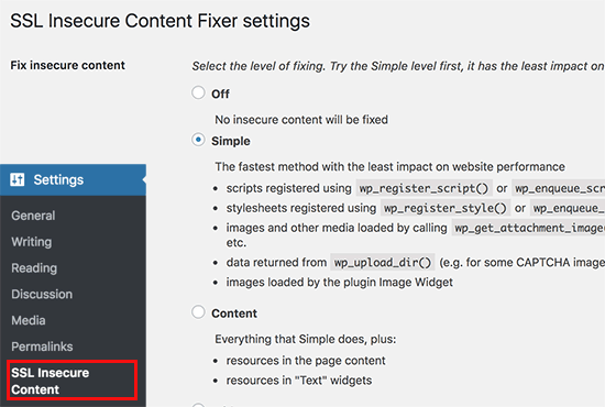 SSL secure content plugin settings