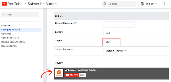 使用“深色”主题向 WordPress 添加 YouTube 订阅按钮